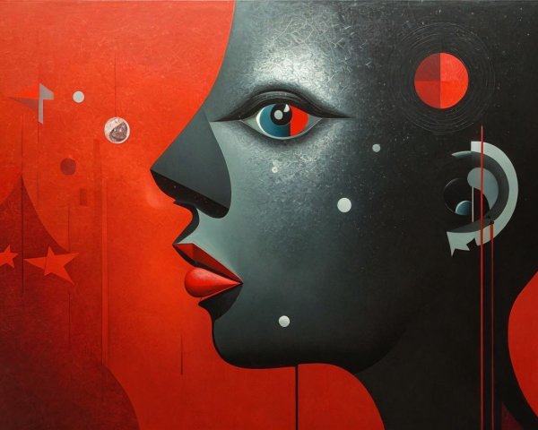 Profile of a Face with Abstract Shapes on Red Background