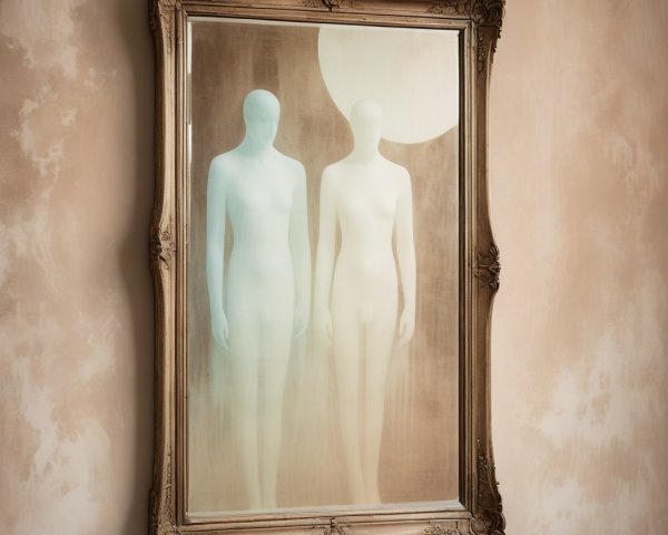 Vintage Mirror with Abstract Mannequins and Dreamy Light