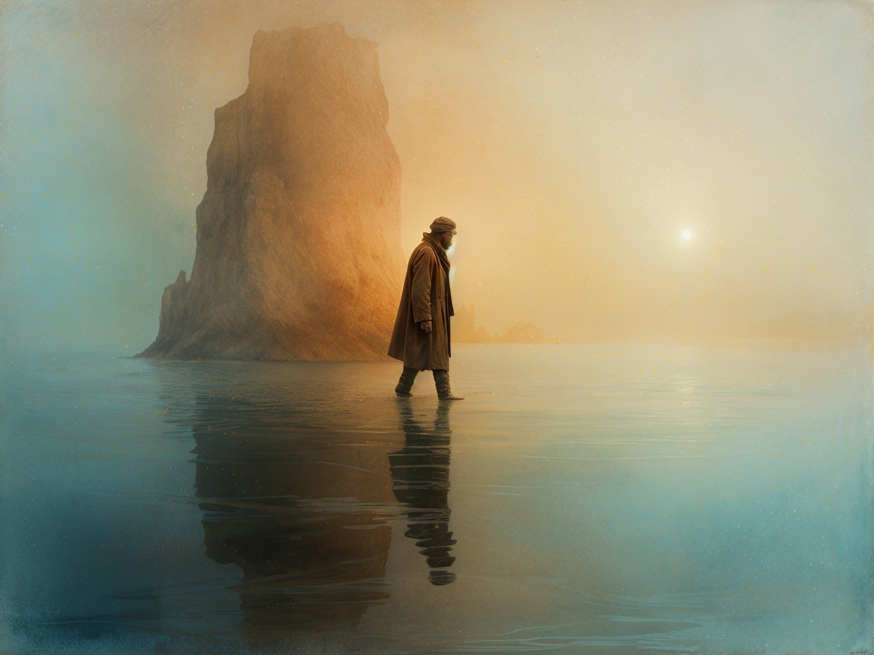 Solitary Figure Walking by Reflective Water at Twilight