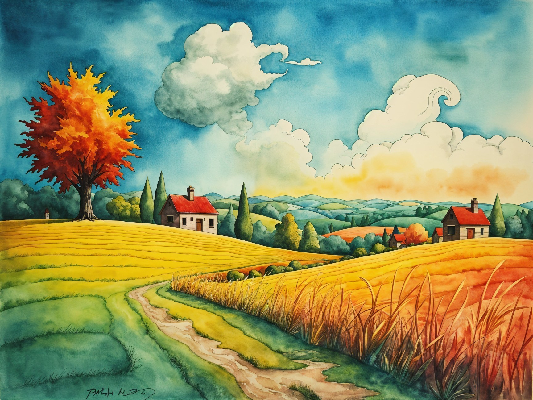 Vibrant Countryside Scene with Rolling Hills and Houses