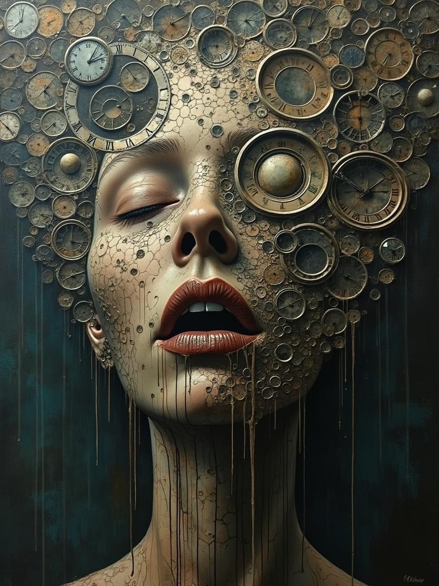 Surreal Portrait of Female Figure with Antique Clocks