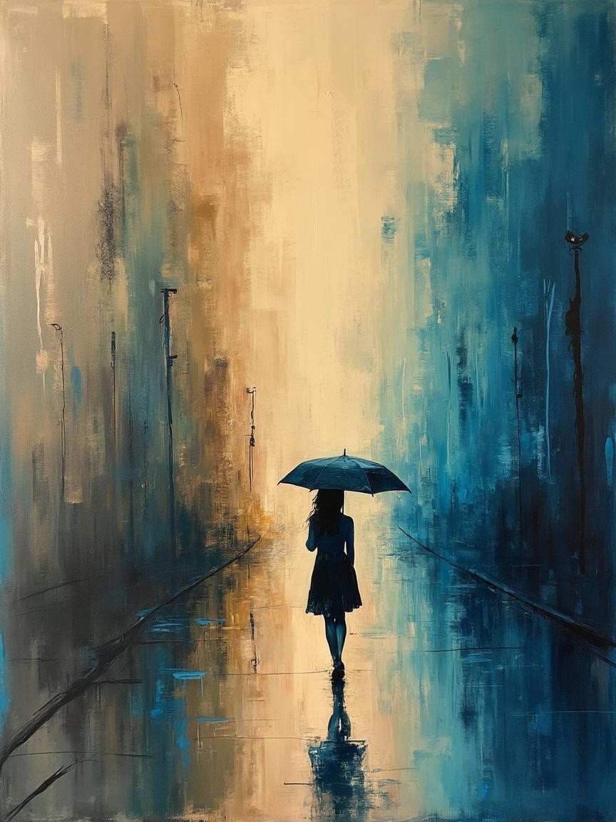Solitary Figure on Rain-Soaked Street with Umbrella