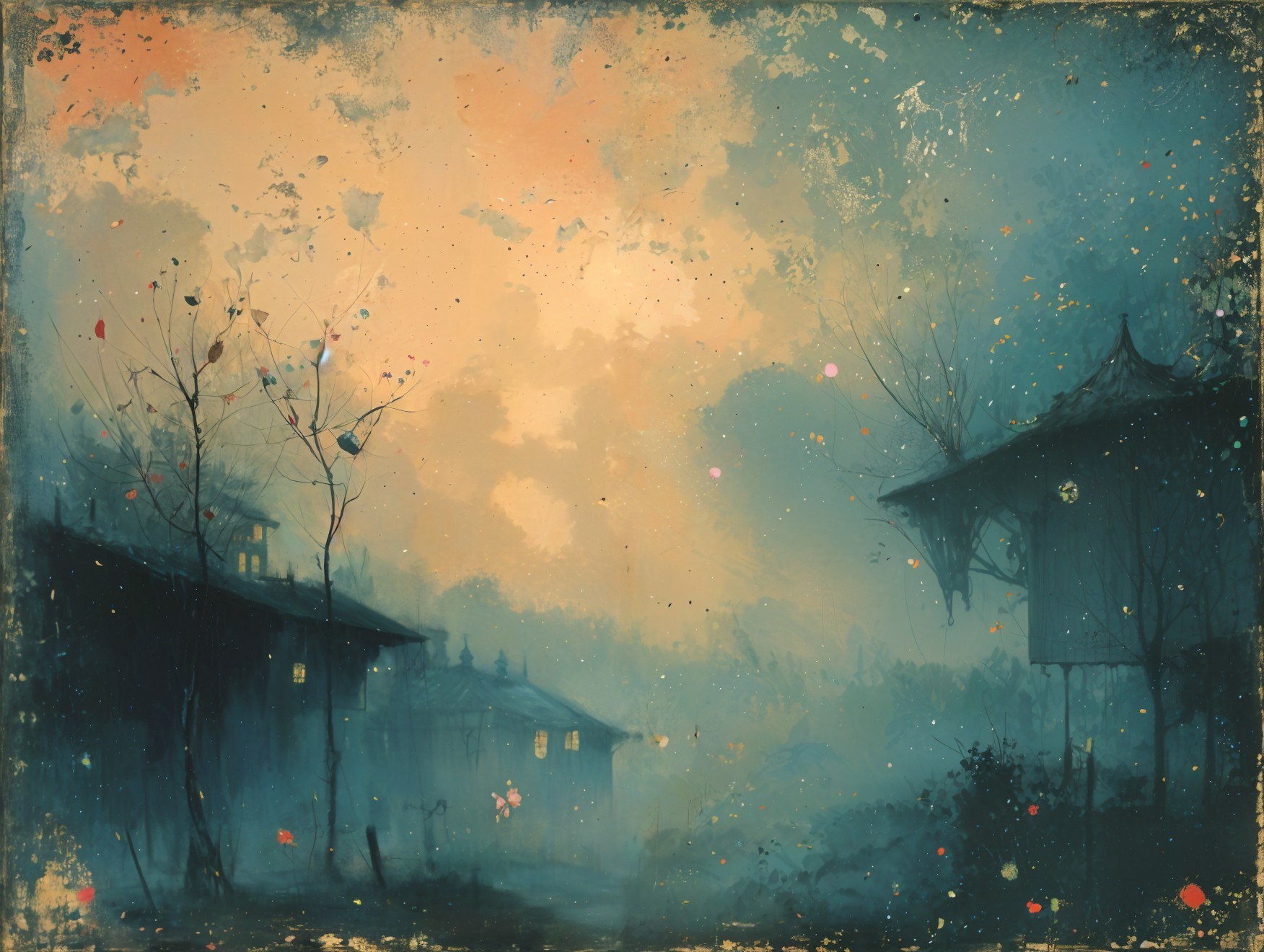 Misty Twilight Landscape with Silhouetted Houses