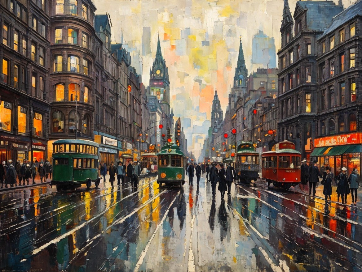 Vintage Urban Street Scene with Trams and Crowds