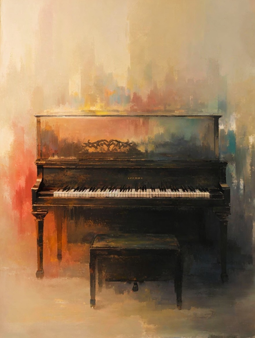 Elegant Grand Piano with Vintage Detailing and Bench