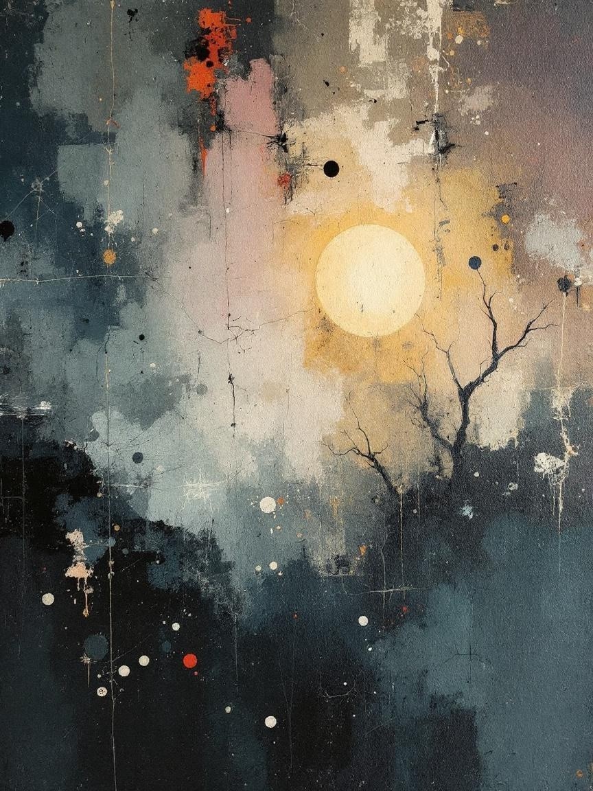 Abstract Landscape with Dark Colors and Glowing Sun