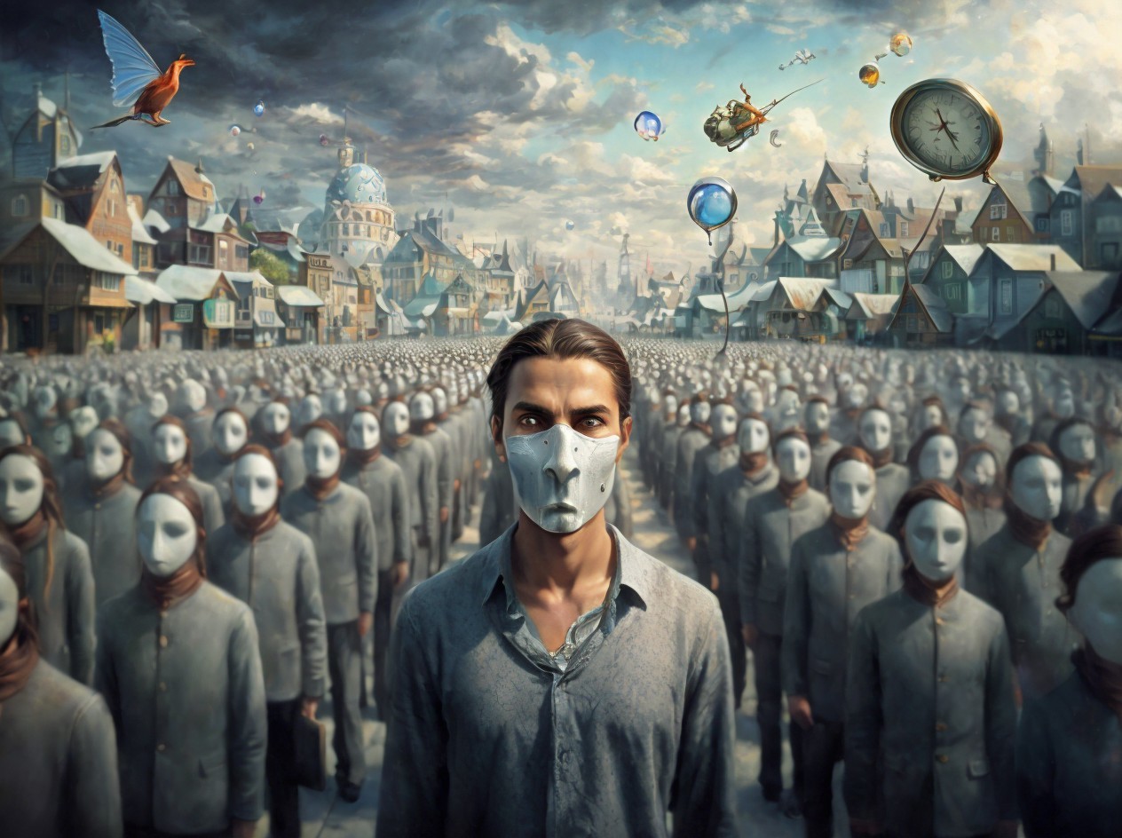 Crowd in Gray-Blue Attire with Futuristic Masks