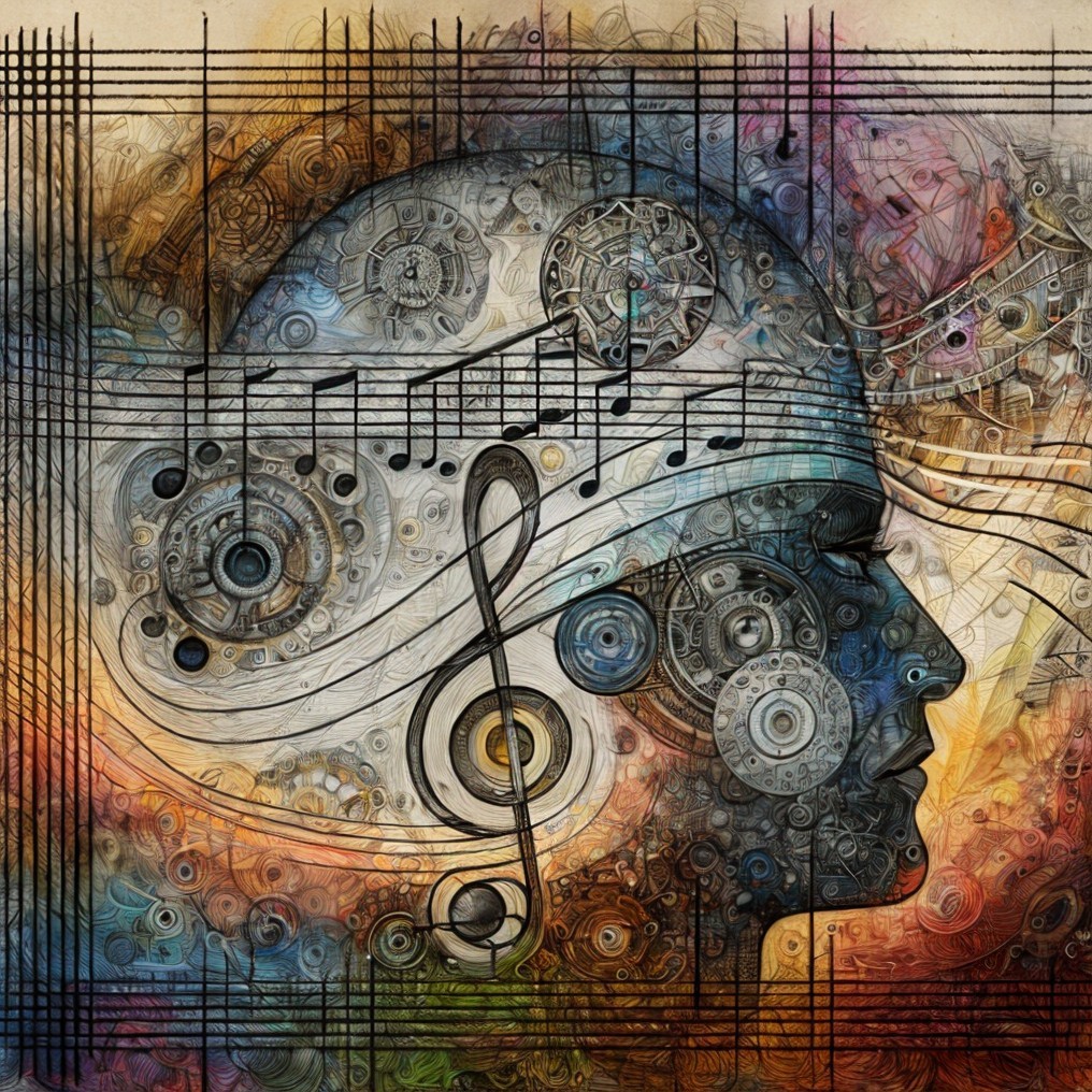 Profile of a Head with Gears and Musical Elements