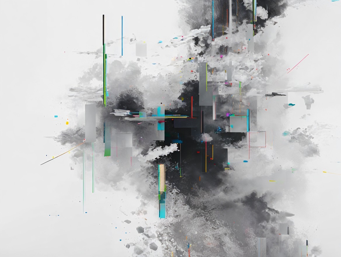 Abstract Composition of Gray, Black, and Color Strokes