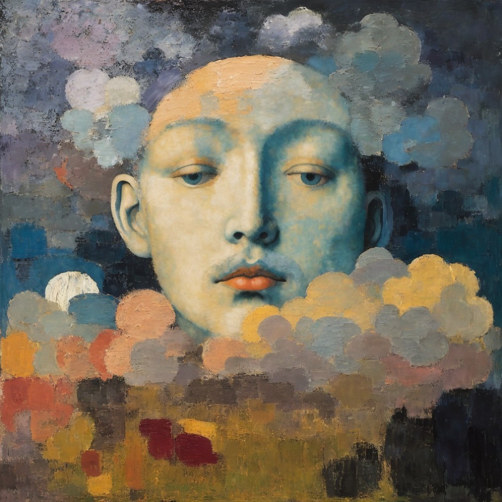 Serene Face Surrounded by Colorful Clouds and Moon