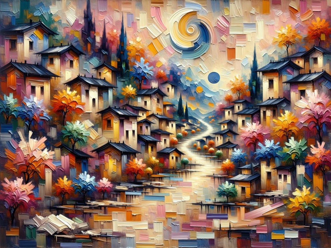 Vibrant Landscape with Charming Houses and Trees