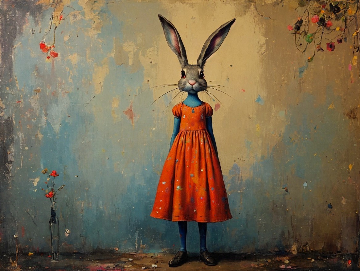 Whimsical Figure with Rabbit Head by Textured Wall
