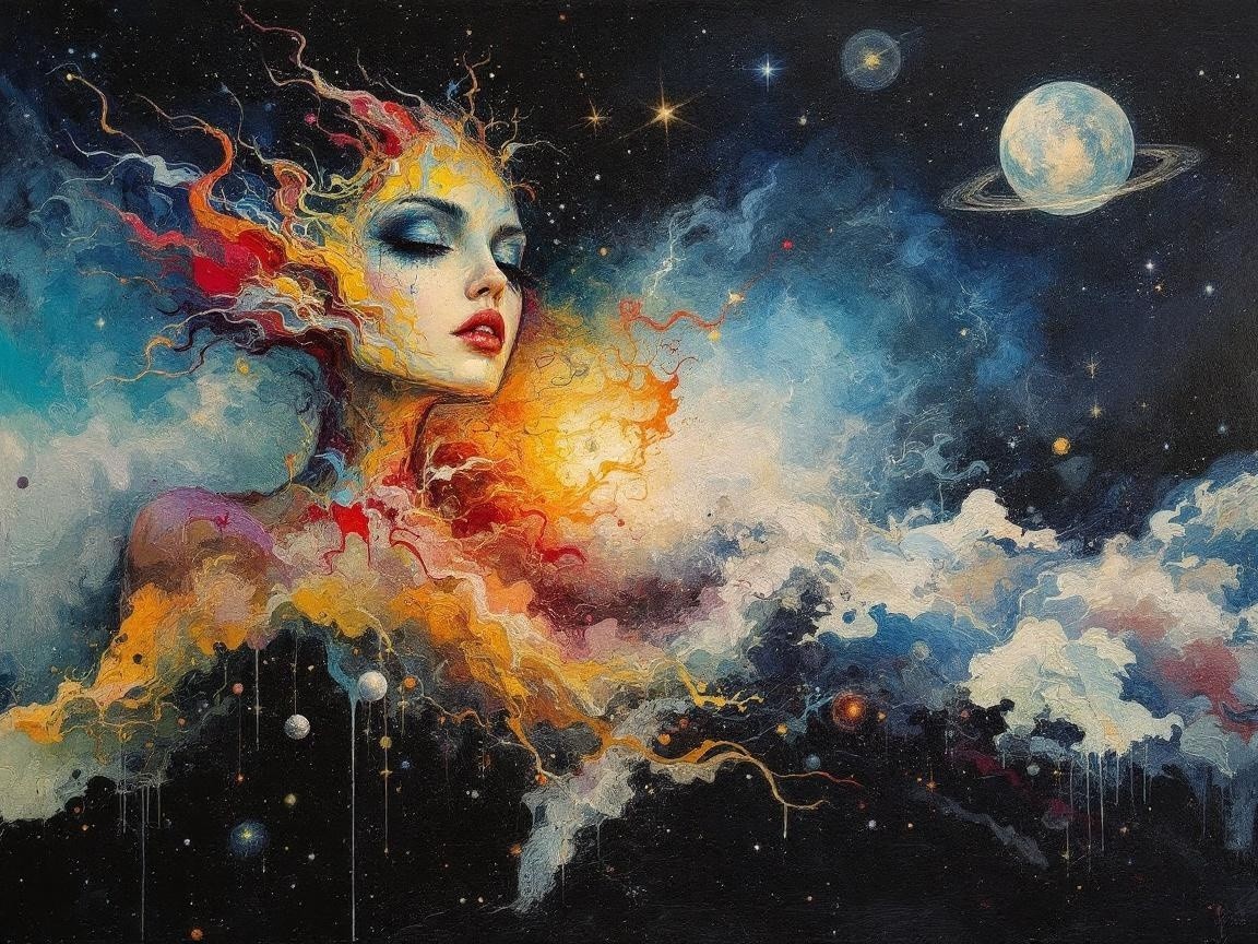 Surreal Artwork of Ethereal Woman in Cosmic Scene