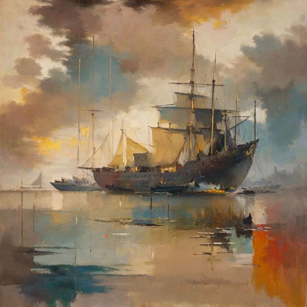 Tall Ship with Sails Under Dramatic Sky Reflection