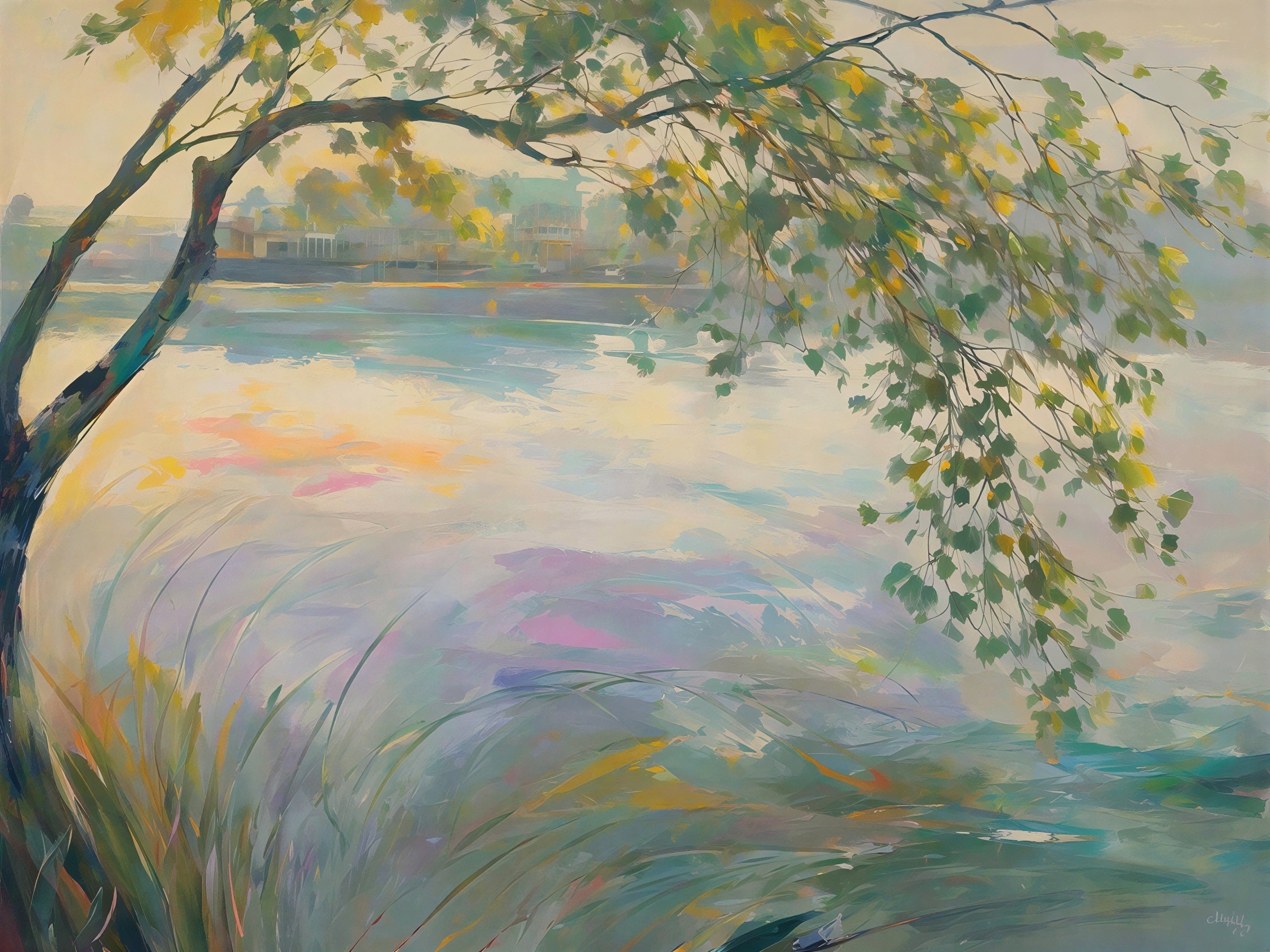 Impressionistic Oil Painting of Shoreline at Sunset