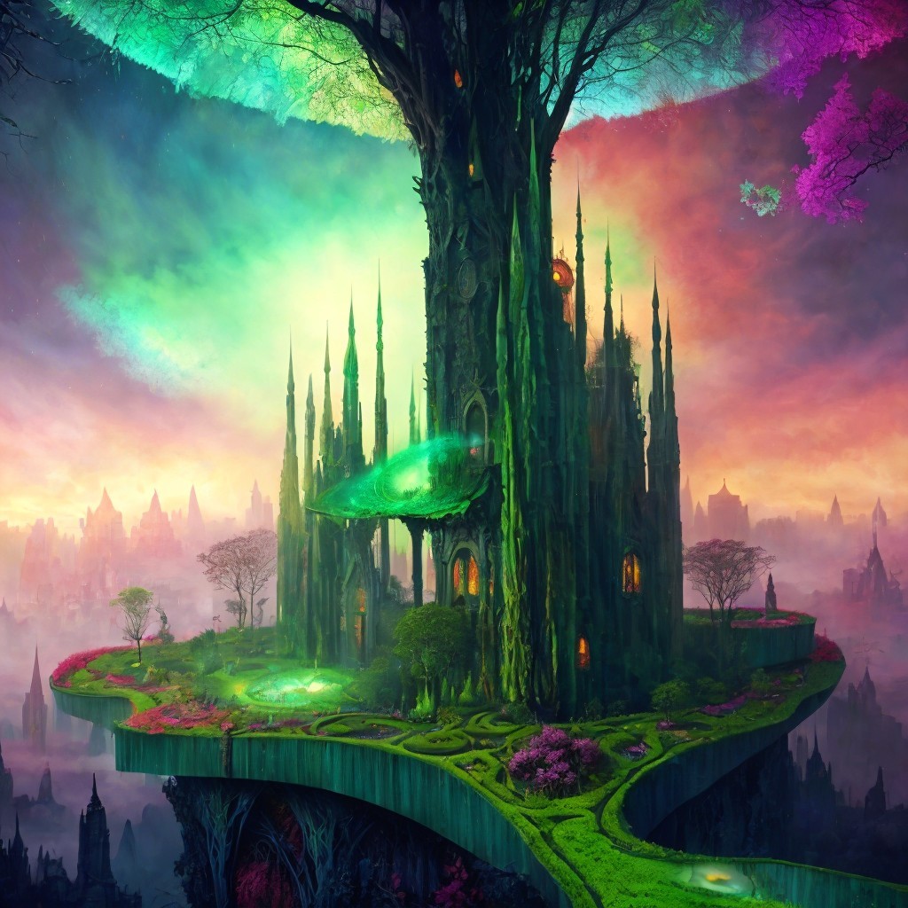 Fantastical Landscape with Ancient Tree and Castles
