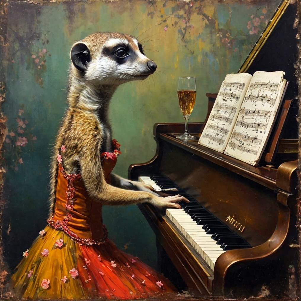 Meerkat in Orange Gown Playing Grand Piano Scene