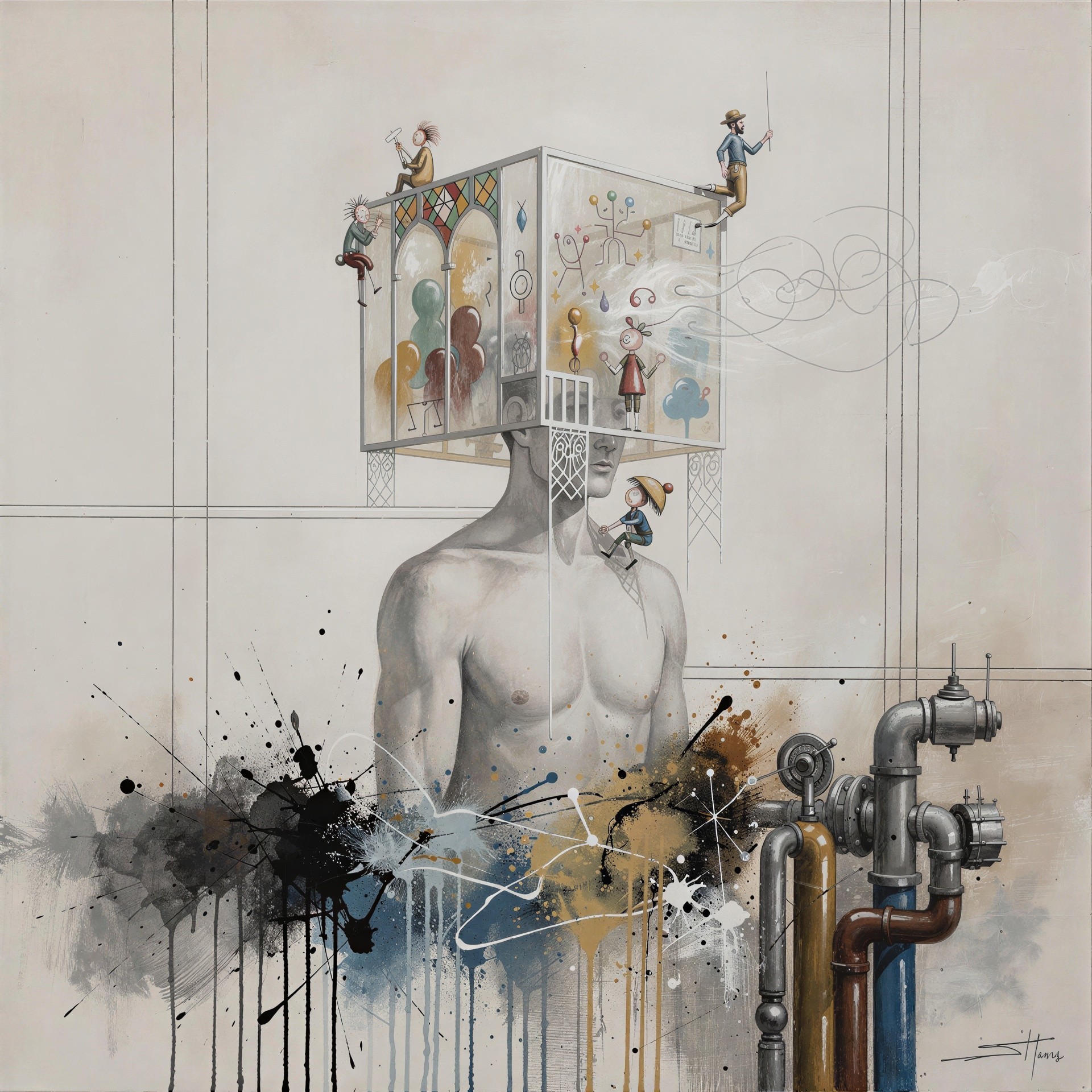 Surreal Painting of a Nude Torso with Glass Box Head