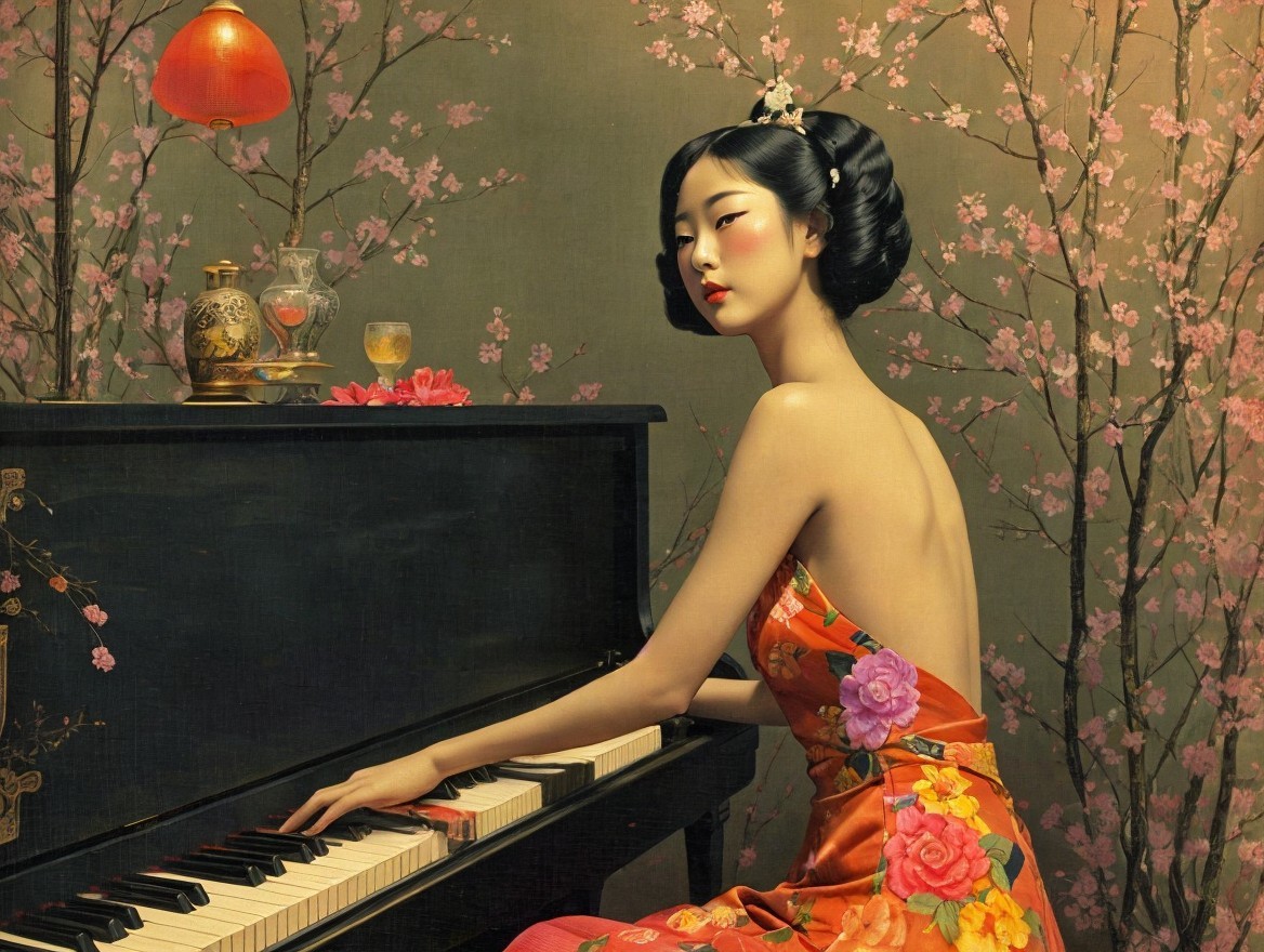 Elegant Woman in Floral Cheongsam at Grand Piano