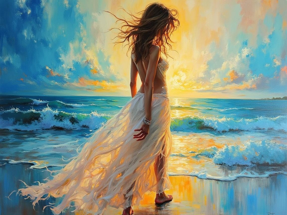 Woman in White Dress at Serene Shoreline at Sunset