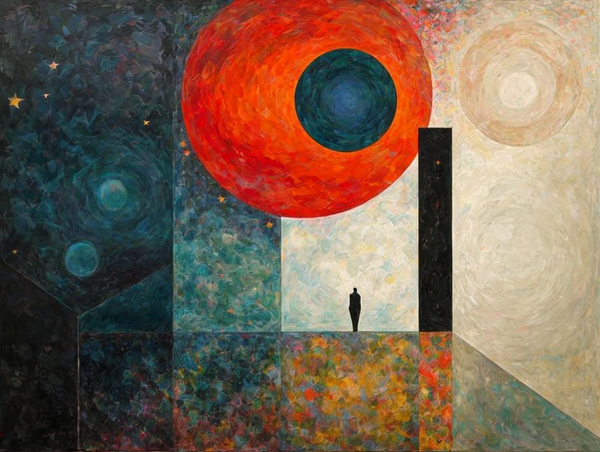 Abstract Landscape with Bold Colors and Celestial Forms