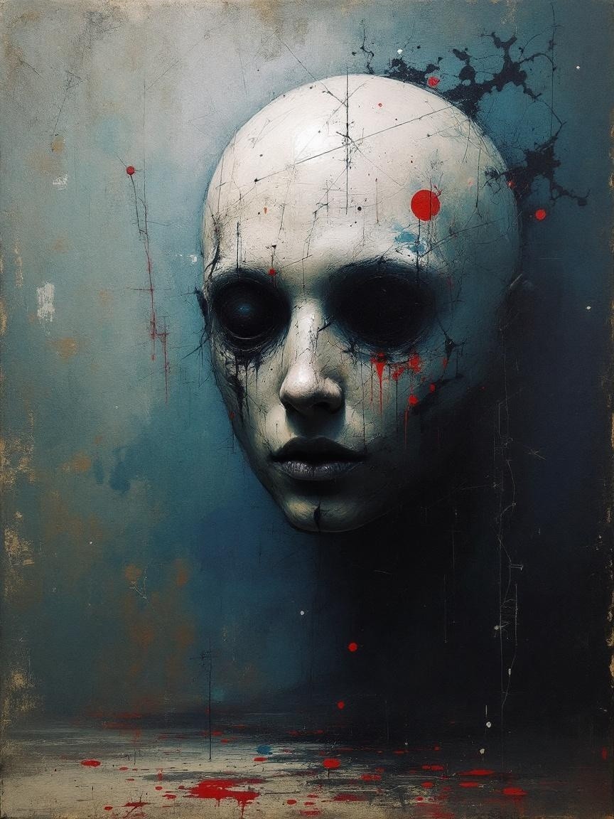 Faceless Figure with Dark Eye Sockets and Red Markings