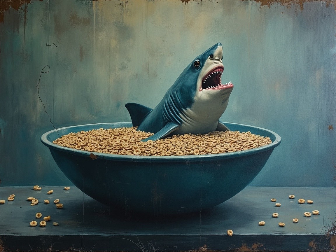 Shark in Cereal Bowl Creates Whimsical Breakfast Scene