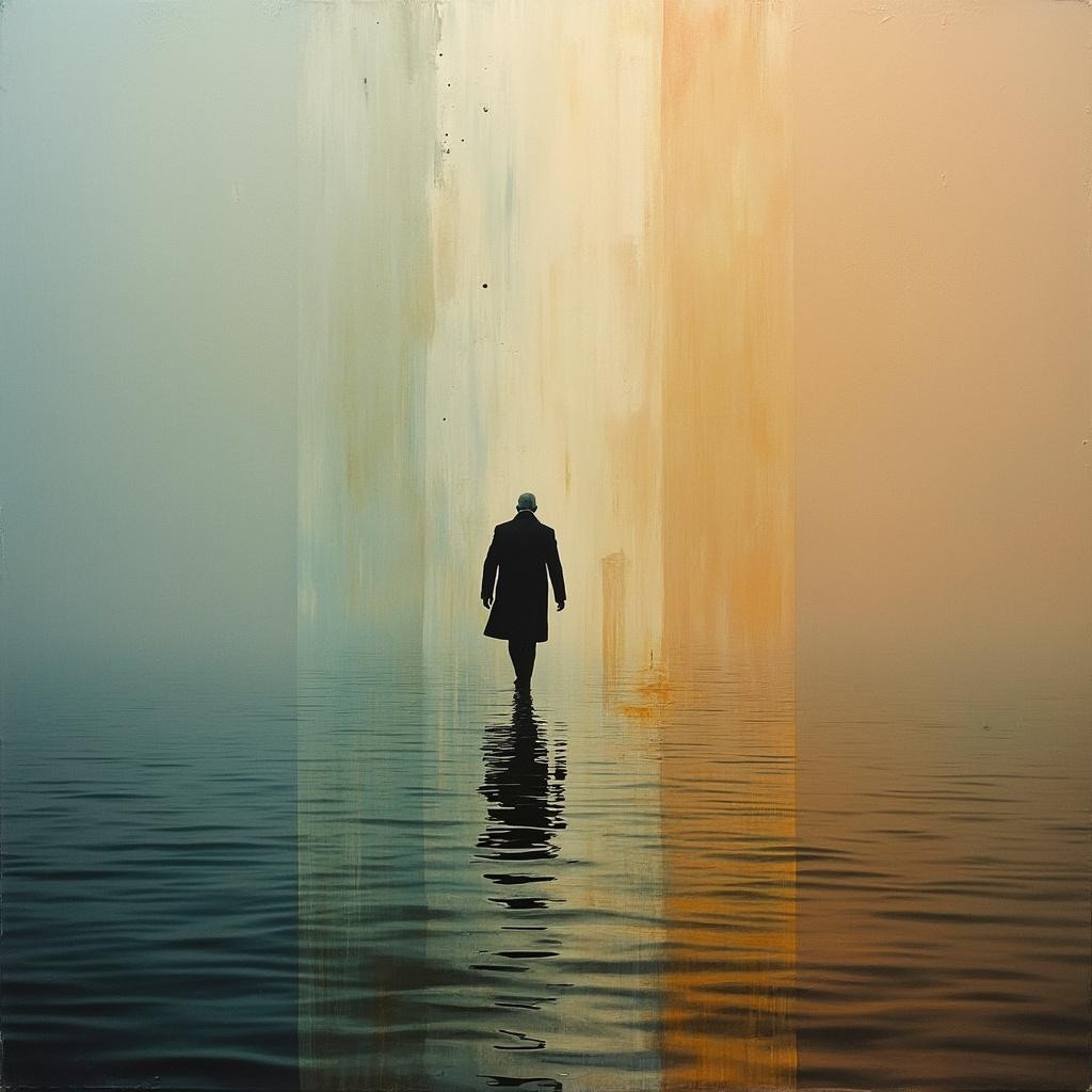Solitary figure in misty landscape with tranquil water