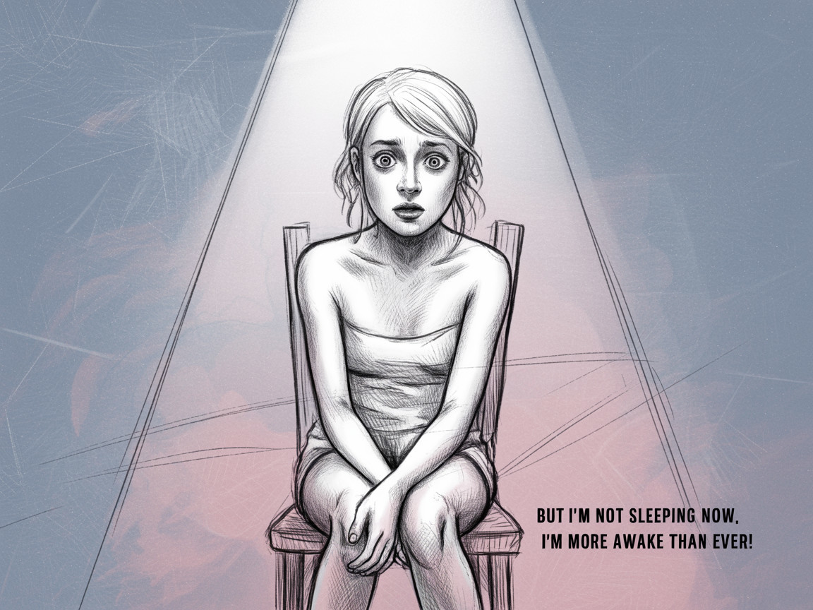 Anime girl in spotlight with fearful expression