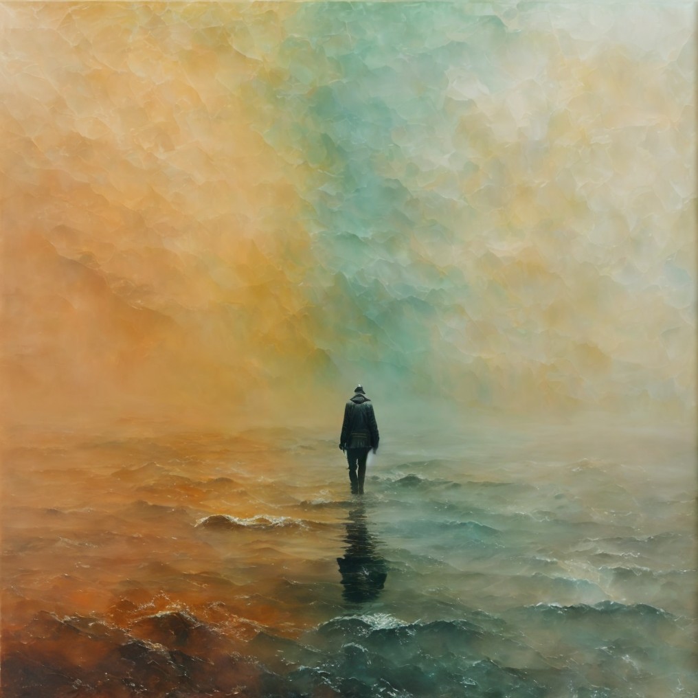 Lone Figure in a Surreal Orange and Blue Landscape