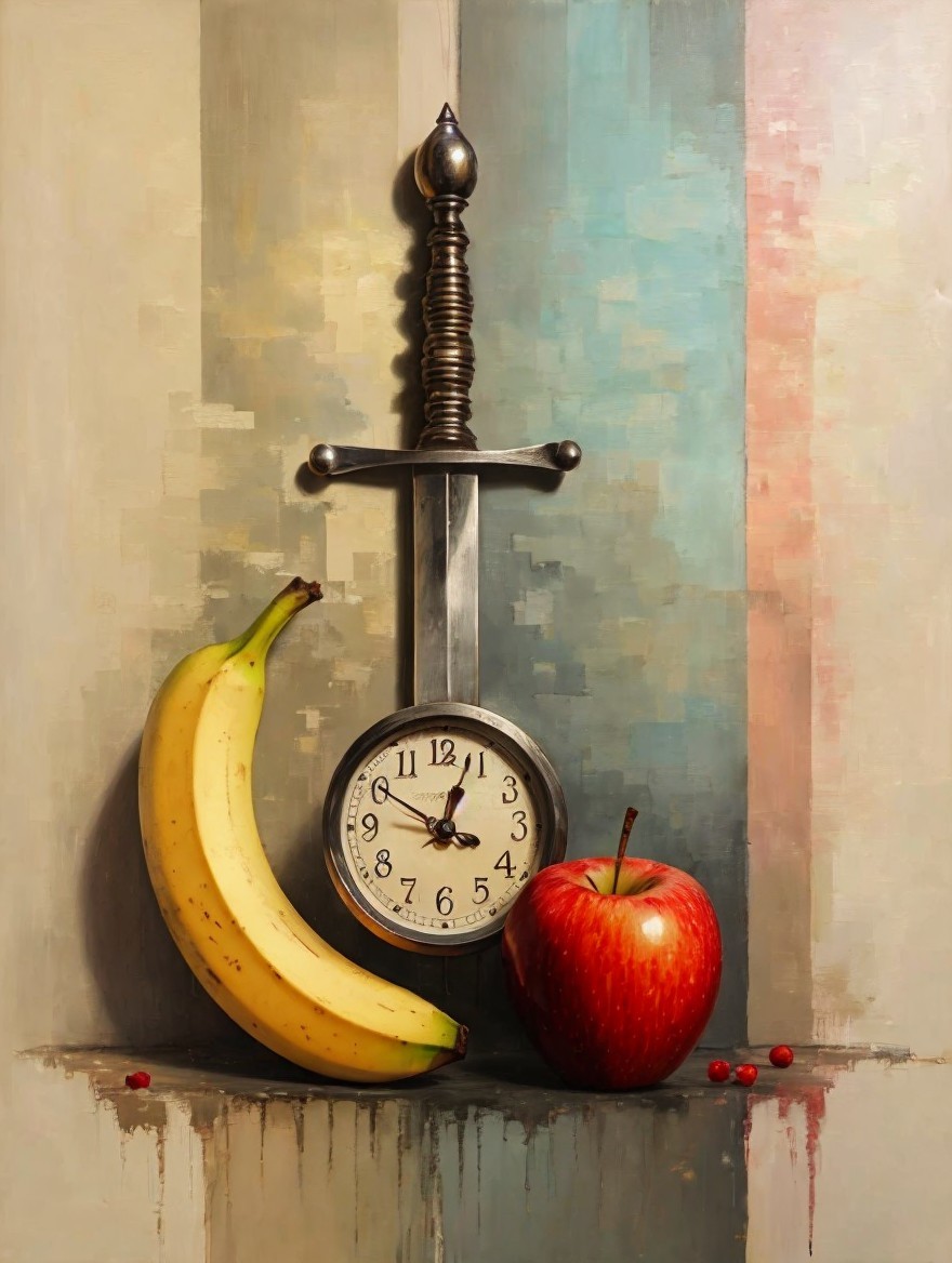 Still Life with Silver Sword, Fruit, and Pastel Background