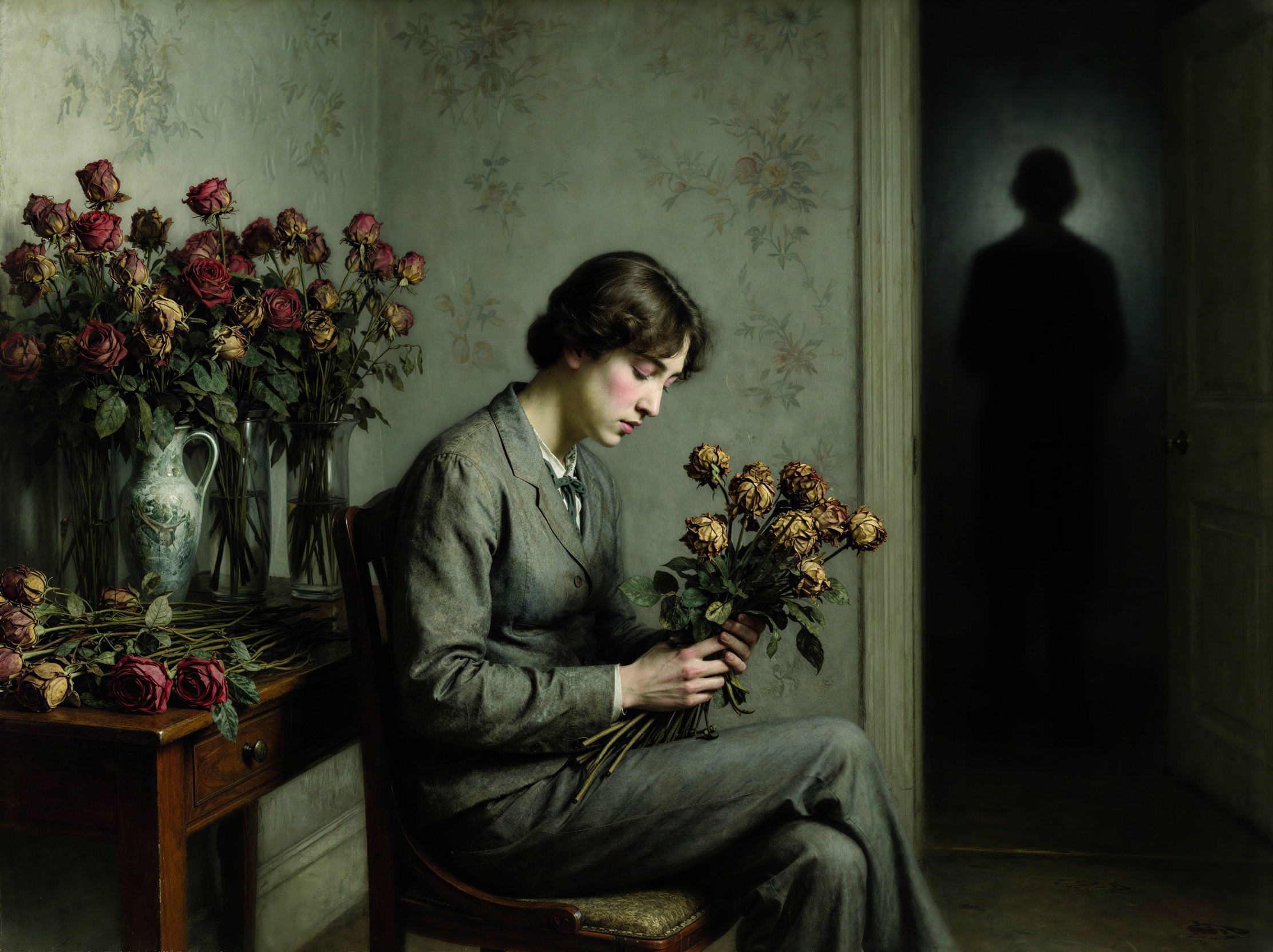 Oil Painting of Woman with Wilted Roses in Grey Suit