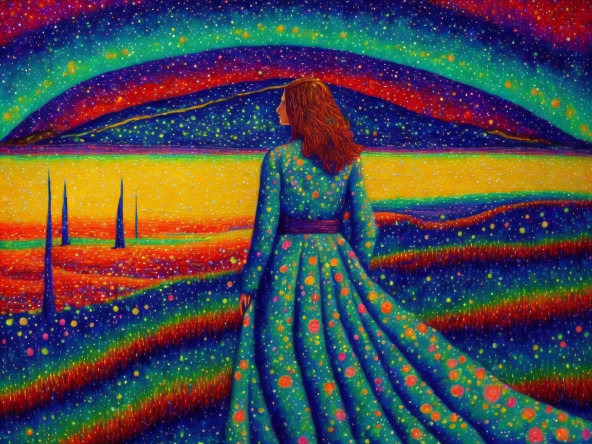 Woman in Dress Overlooking Cosmic Landscape