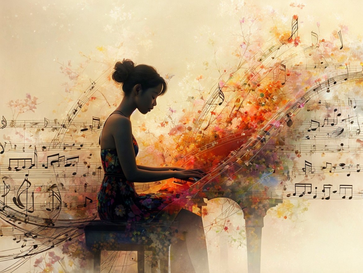 Woman at Piano Surrounded by Colorful Flowers