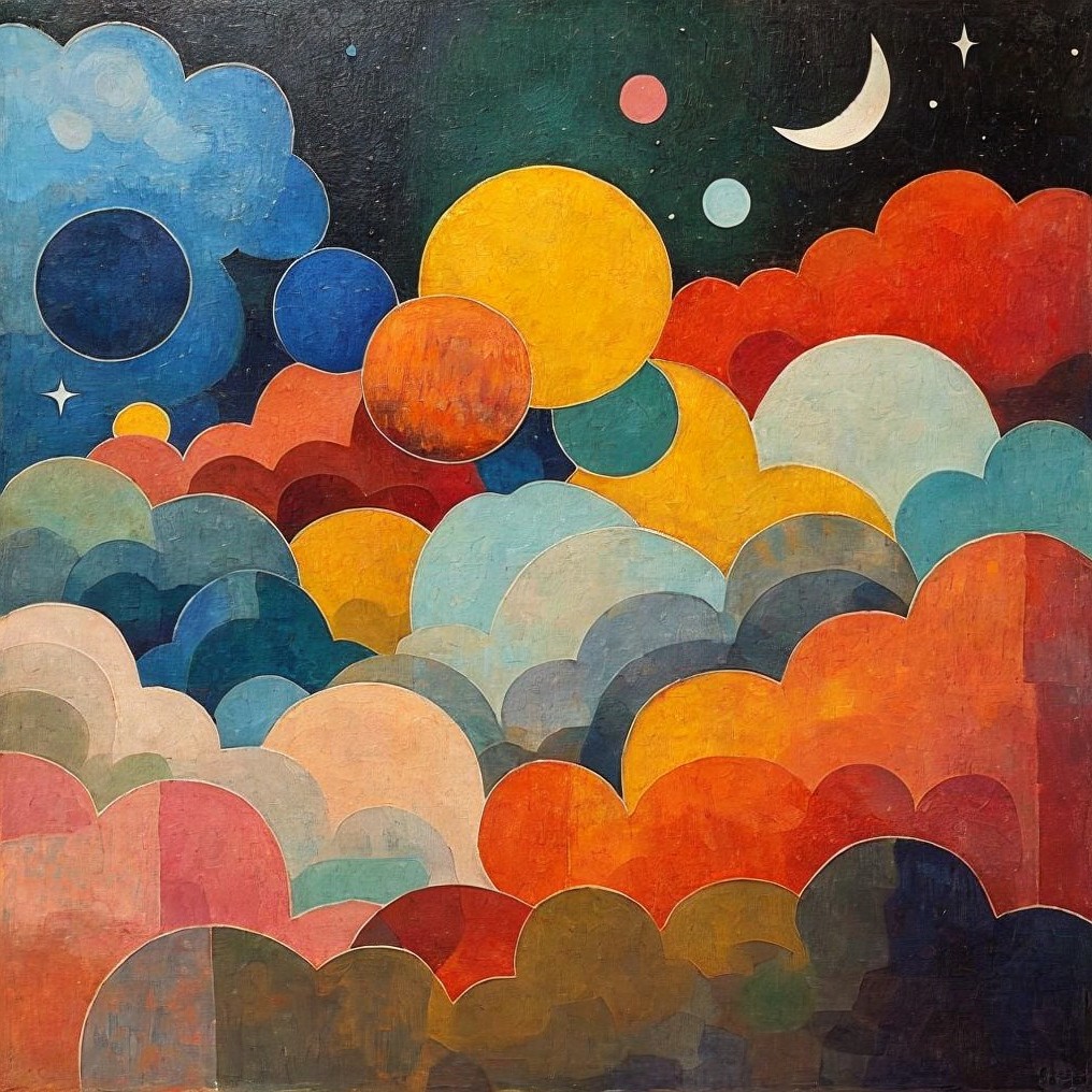 Vibrant Abstract Landscape with Colorful Clouds and Moon