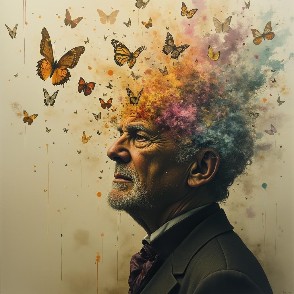 Elderly Man with Butterflies Symbolizing Transformation
