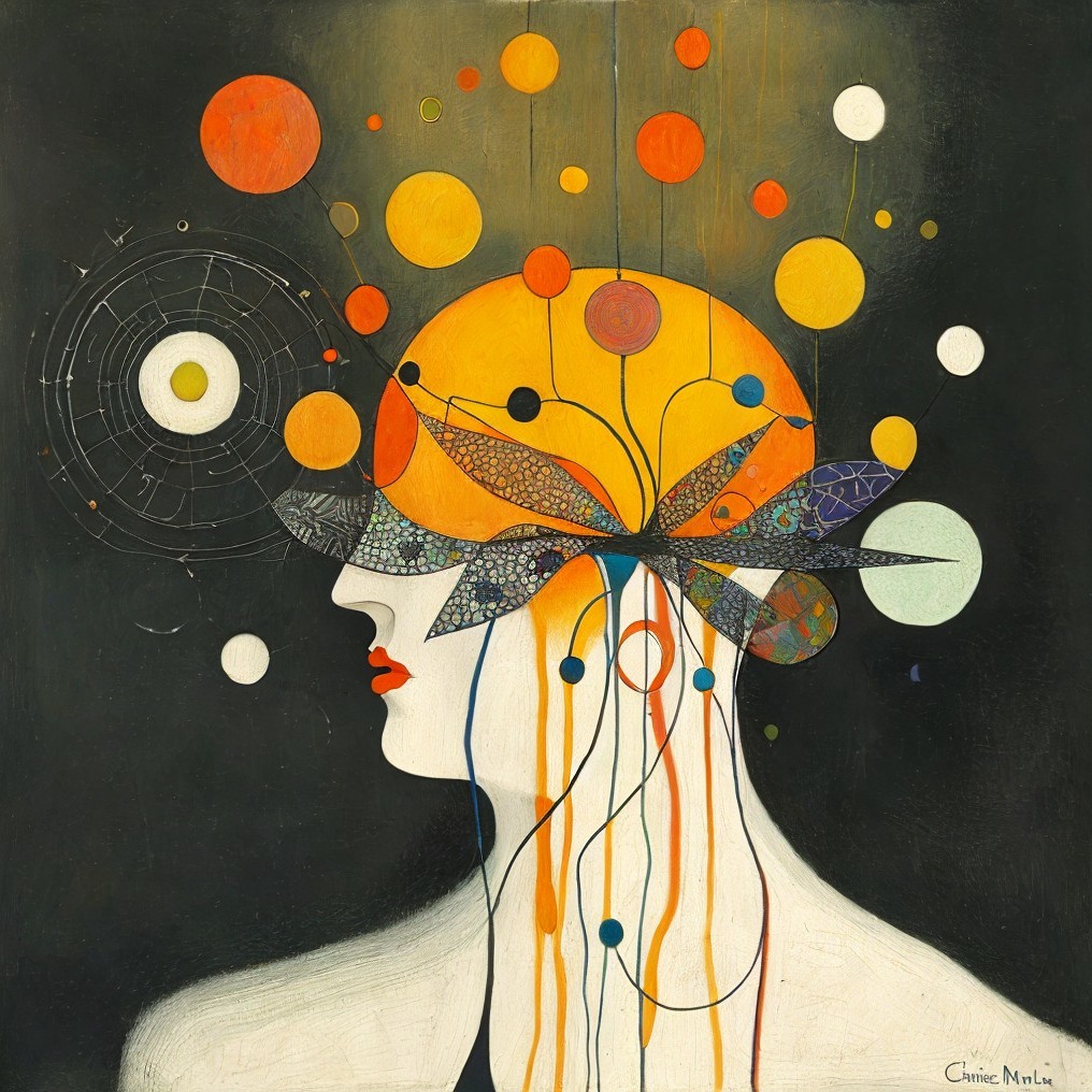 Stylized Woman with Vibrant Sun-Inspired Headpiece
