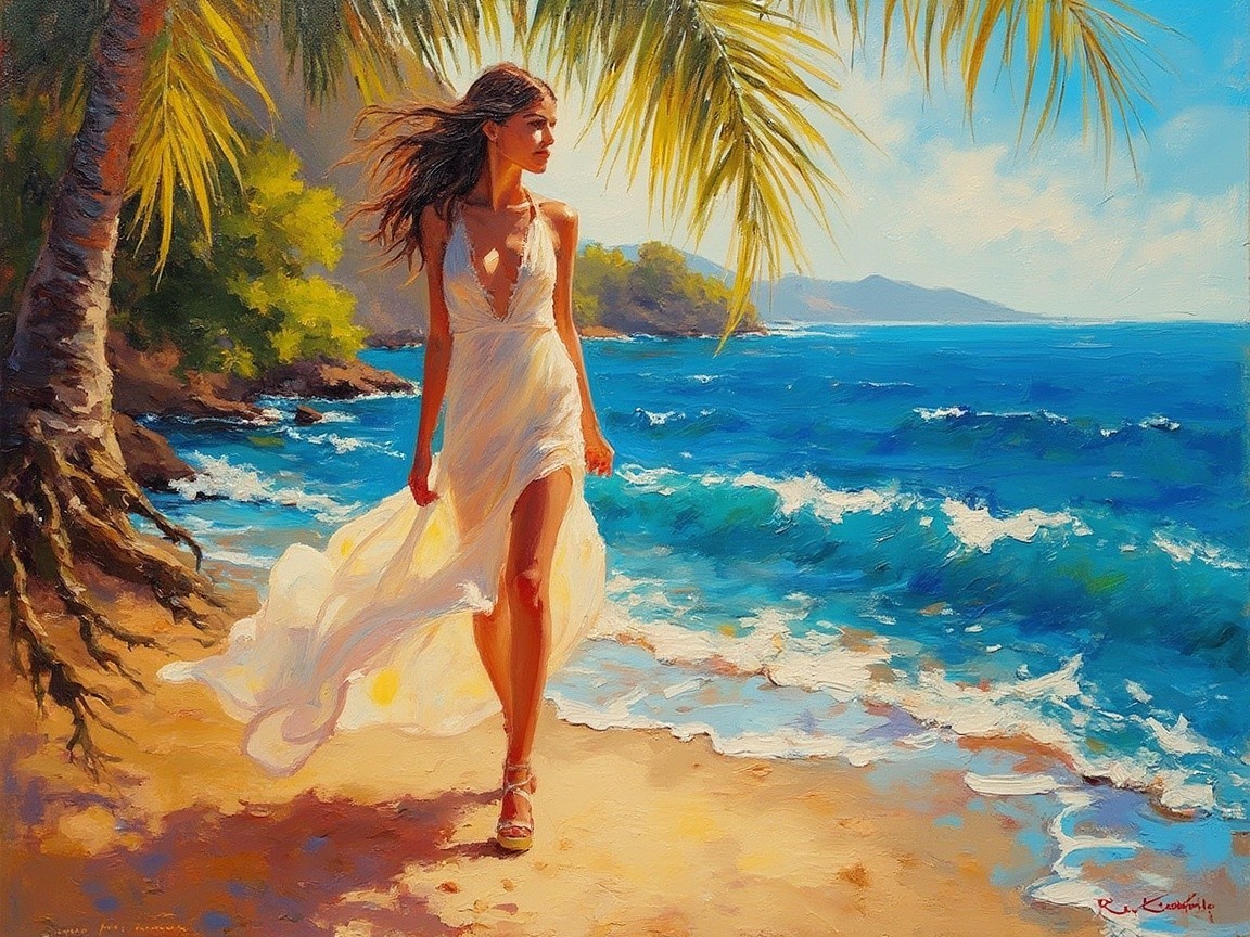 Serene beach scene with a woman in a white dress