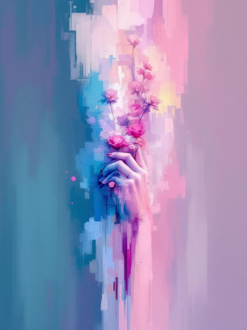 Stylized Hand Holding Pink Flowers in Pastel Background