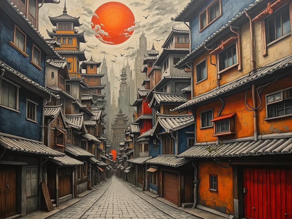 Narrow Cobblestone Street with Colorful Traditional Buildings