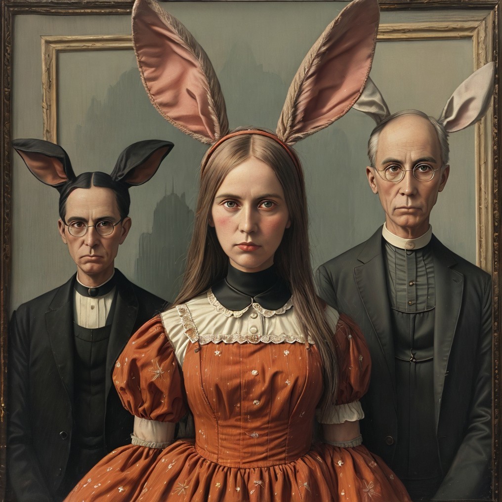 Three Figures with Bunny Ears in Whimsical Portrait