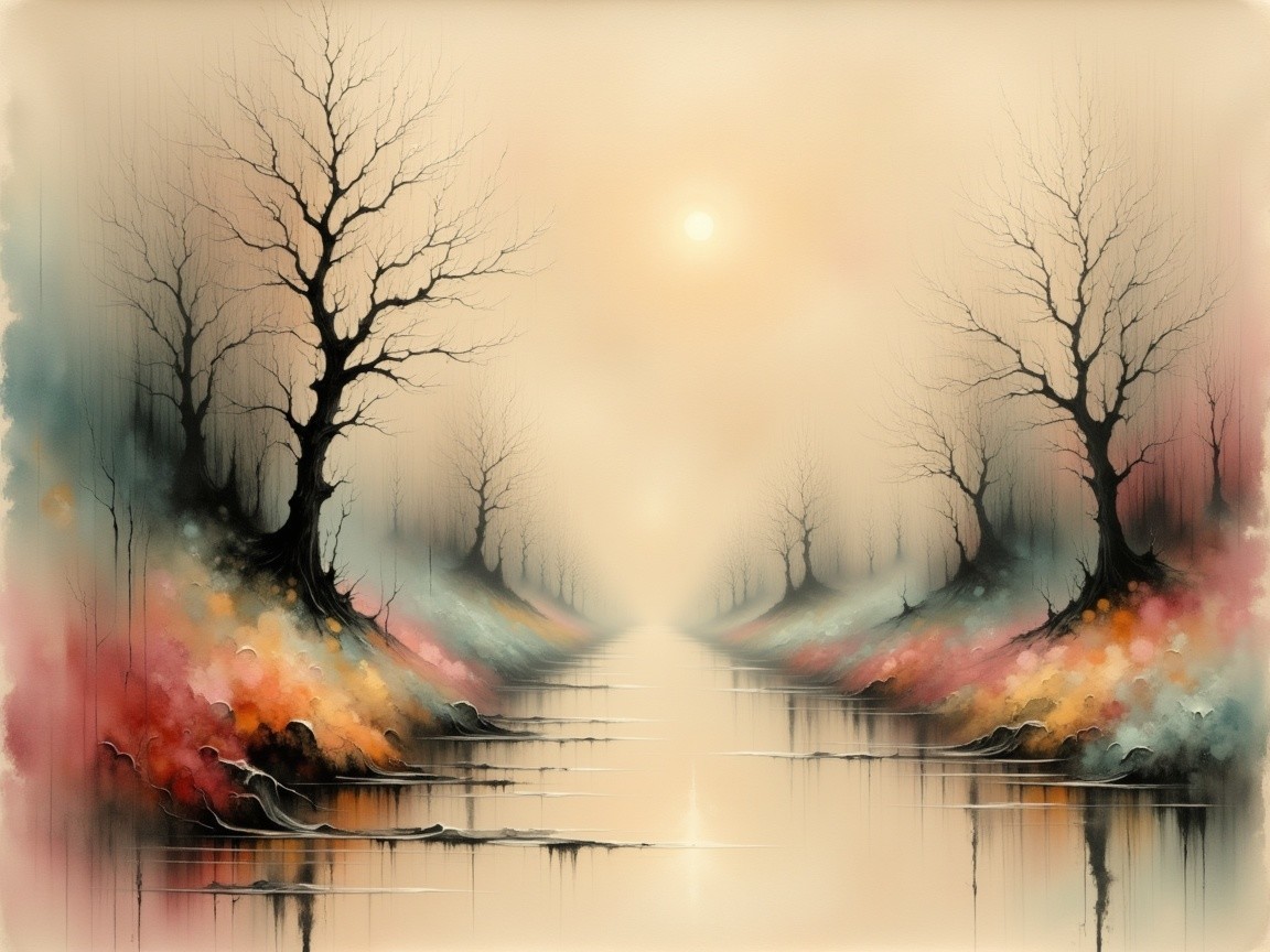Serene Landscape with River and Leafless Trees