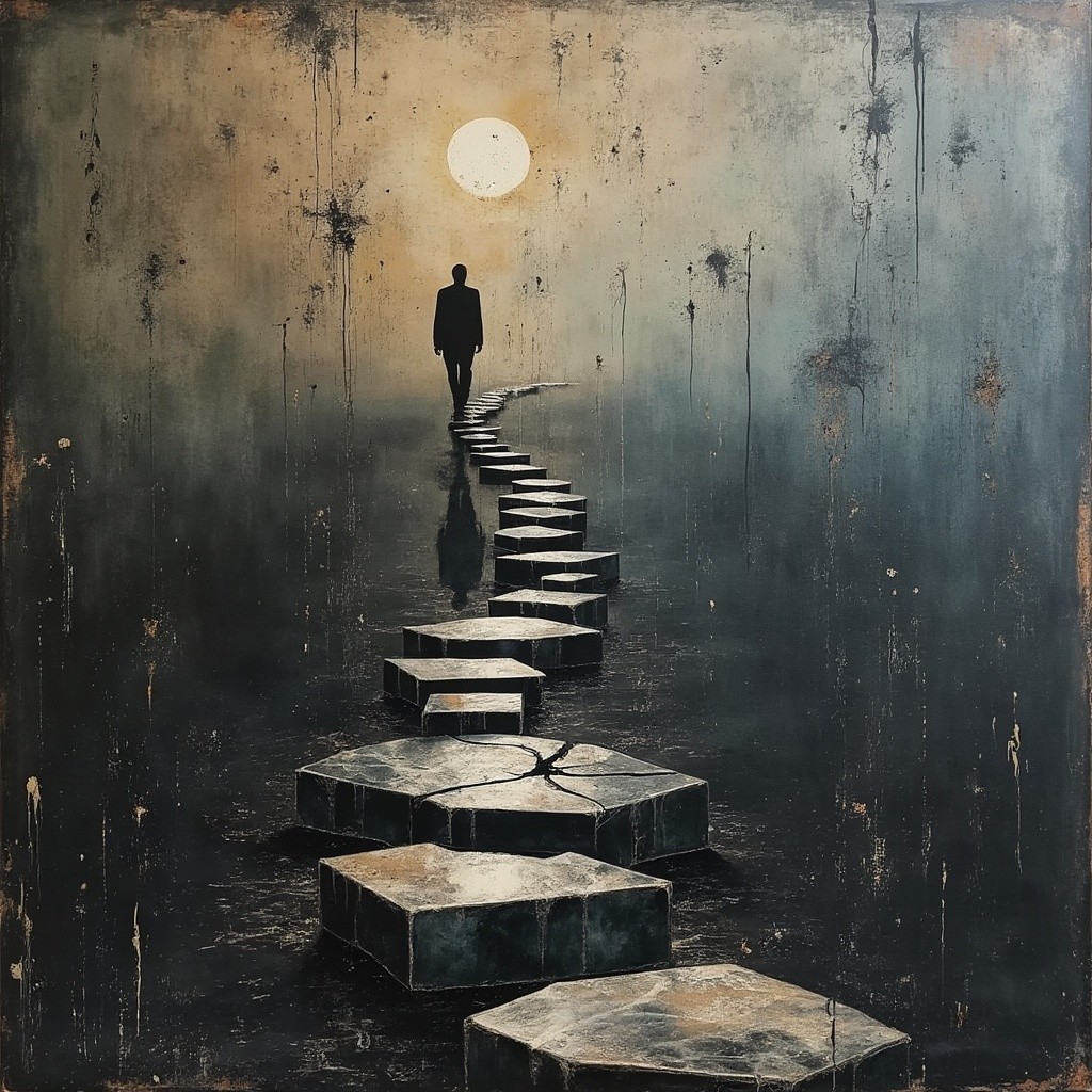 Solitary Figure on Hexagonal Stone Path Under Moonlight