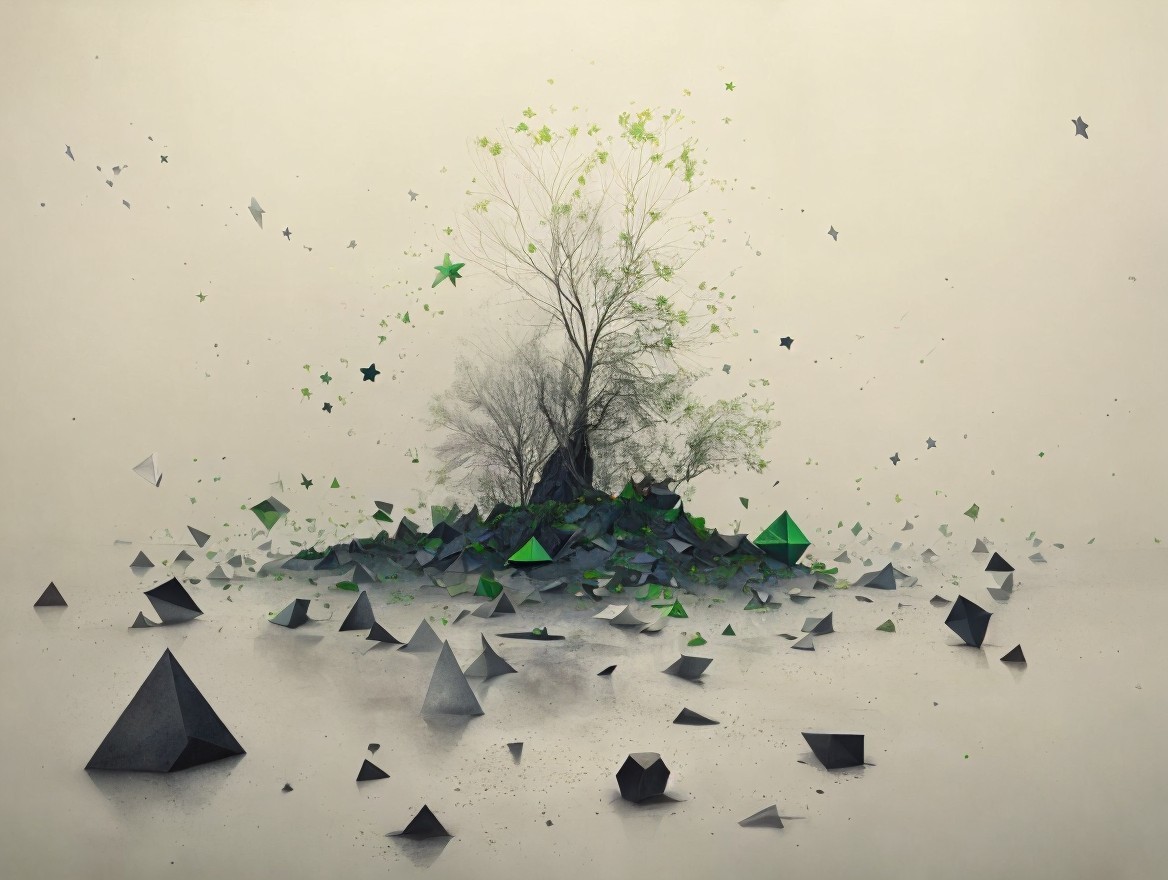 Abstract Landscape with Tree and Geometric Shapes