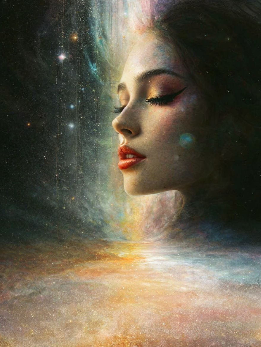 Woman's Profile Against Cosmic Backdrop with Galaxies