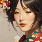 Close-up Portrait of a Young Woman in Floral Kimono