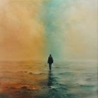 Lone Figure in a Surreal Orange and Blue Landscape