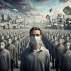 Crowd in Gray-Blue Attire with Futuristic Masks