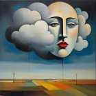 Surreal Landscape with Geometric Face and Vibrant Fields