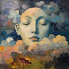 Serene Face Surrounded by Colorful Clouds and Moon